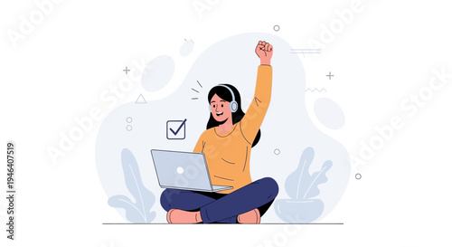 Young woman with headphones celebrates success while working on a laptop, online learning, remote work