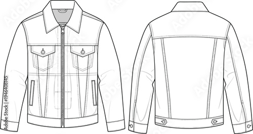 Cad drawing flat vector illustration of men's denim jacket with zipper front, chest pockets, long sleeves, detailed fashion technical sketch