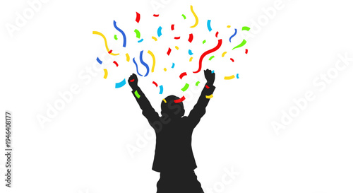 Silhouette of man celebrating with confetti.