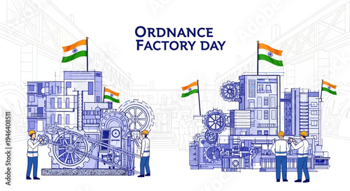 Illustration of people working at an Indian ordnance factory on Ordnance Factory Day with industrial equipment and Indian flags, celebrating defense manufacturing in India.