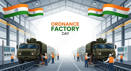 Illustration of Indian Ordnance Factories Day with military equipment production in a defense manufacturing factory with Indian flag, conveying a sense of national pride and industry.