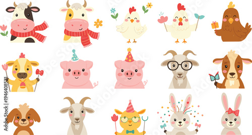 Adorable Farm Animals in Fun Party Hats with Flowers and Balloons for a Playful Celebration