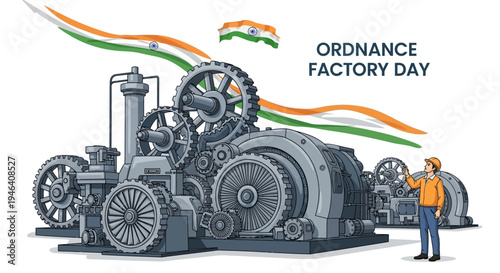 Illustration of a worker standing beside industrial machinery on Ordnance Factory Day in India, celebrating defense manufacturing with a patriotic background.