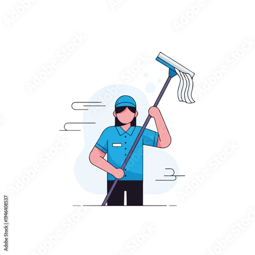 Woman holding a mop and cleaning.