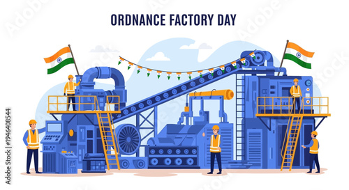 Illustration of workers at an Indian ordnance factory on Ordnance Factory Day, with machinery and Indian flags, conveying a sense of industrial pride and national celebration.