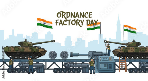Illustration of Indian Ordnance Factory Day with tanks and workers in a factory setting, featuring the Indian flag, against a city skyline background with a patriotic mood.