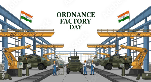 Illustration of people working on military equipment in a factory with Indian flags, celebrating Ordnance Factory Day in India defense manufacturing.