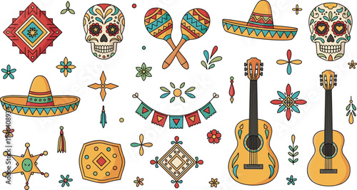 Vibrant Mexican Day of the Dead and Fiesta Elements Including Guitars, Skulls, Sombreros, and Maracas