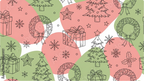 Holiday decorations and gifts on Christmas trees with wreaths and stars