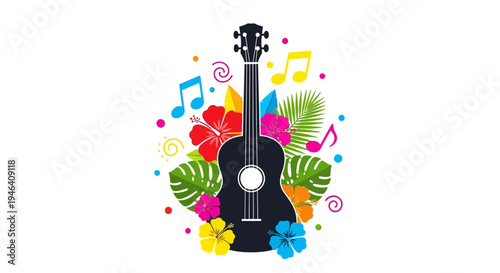 Guitar with colorful flowers and notes.