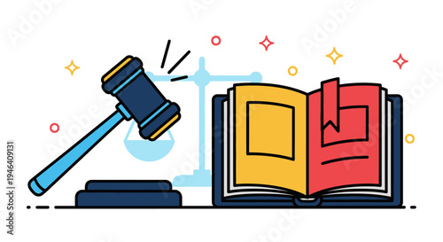 Gavel and open law book illustration.