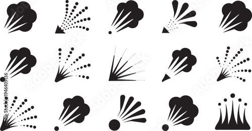 Set of various explosion burst and impact abstract shapes isolated on transparent background