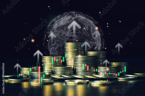 Stacks of coins with financial charts and globe background symbolize global investment growth, international financial markets, economic expansion, and worldwide business success.