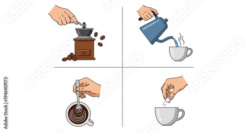 Step-by-step coffee preparation with hands grinding beans, pouring hot water, stirring with a spoon, and adding sugar, on an isolated white background, depicting a morning routine.