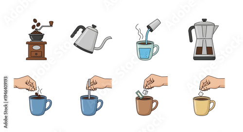 Collection of hands and tools for coffee preparation including grinder, kettle, Moka pot, and hands holding various cups, on an isolated white background, illustrating diverse coffee rituals.