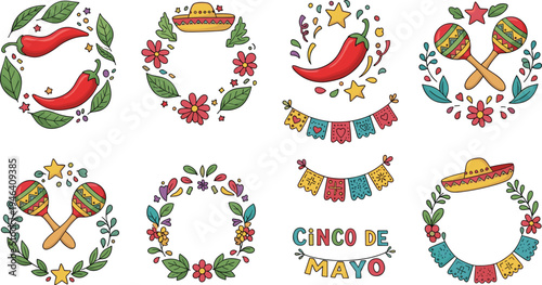 Vibrant Cinco de Mayo Illustrations with Chili Peppers, Maracas, Sombreros, and Colorful Banners