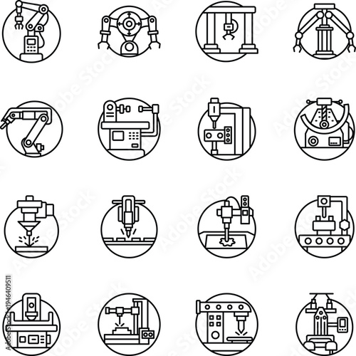 Collection of Industrial Machines Linear Style Icons 