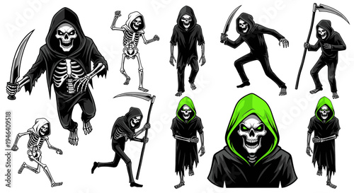 Grim Reaper Skeletons Collection, Scary Figures with Scythes and Green Hoods