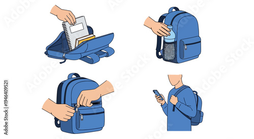 Backpack Packing and Travel Essentials Icons with Hand Putting Notebook, Water Bottle, Zipping Backpack, and Man Using Phone on Isolated White Background.