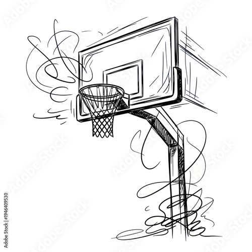 Hand-drawn Sketch of a Basketball Hoop and Backboard with Swirling Lines
