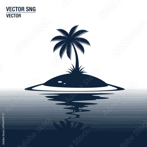 Silhouette of a palm tree on a small island reflected in the ocean water