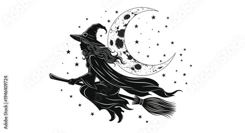 Silhouette of a witch flying on a broomstick against a crescent moon and starry sky.