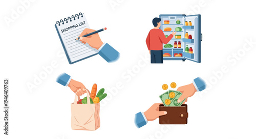 Home Management Activities: Creating Shopping List, Bagging Groceries, and Paying with Cash, Isolated White Background