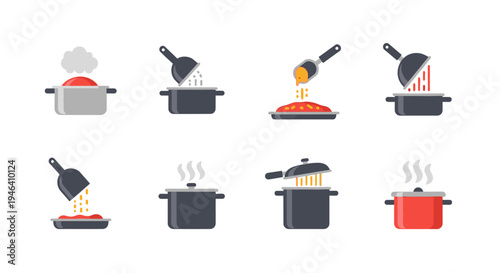 Set of Cooking and Food Preparation Icons with Pots, Pans, and Ingredients, Isolated White Background