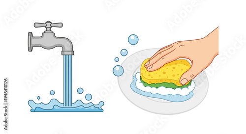 Hand Washing Plate Under Running Faucet with Sponge, Isolated White Background