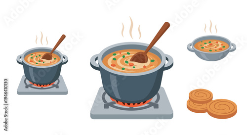 Delicious Hot Stew Cooking in Pot on Stove and Served in Bowl with Snacks, Isolated White Background