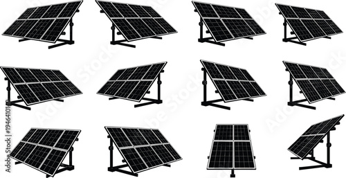Black silhouette vector illustration of solar panel arrays on adjustable stands, renewable energy design, sustainable electricity generation efficiency scene