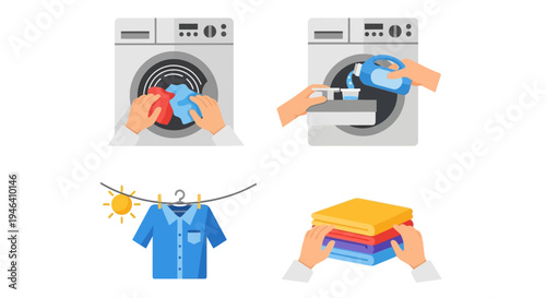 Hands Engaged in Laundry Activities: Loading Washer, Adding Detergent, Hanging Clothes to Dry Under Sun, and Folding Garments on Isolated White Background