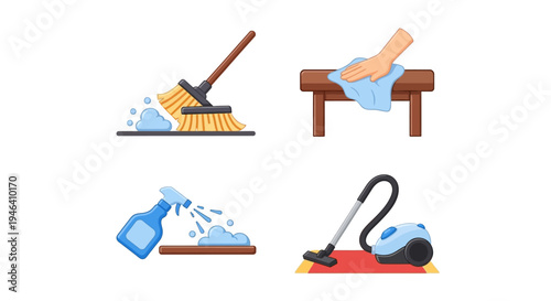 Essential Home Cleaning Activities Featuring Sweeping Dust, Wiping Table, Spraying Solution, and Vacuuming Floor on Isolated White Background