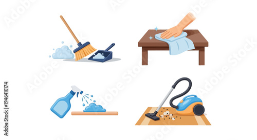 Essential Home Cleaning Activities Featuring Sweeping Dust, Wiping Table, Spraying Solution, and Vacuuming Floor on Isolated White Background