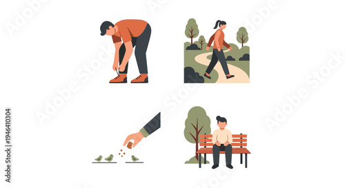 Everyday Outdoor Leisure with Man Tying Shoelaces, Woman Walking in Park, Hand Feeding Birds, and Man Sitting on Bench on Isolated White Background.