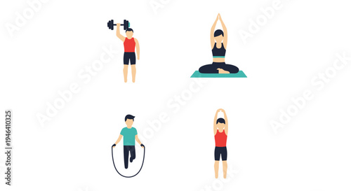 Fitness and Exercise Activities Set with Man Lifting Weights, Woman Doing Yoga, Man Jumping Rope, and Woman Stretching on Isolated White Background.