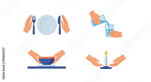 Dining and Hygiene Rituals with Table Setting, Pouring Water, Bowl, and Candle on Isolated White Background.