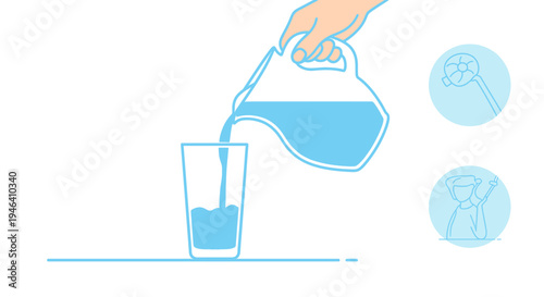 Hand Pouring Fresh Water into Glass with Hydration and Health Benefits Icons on Isolated White Background.
