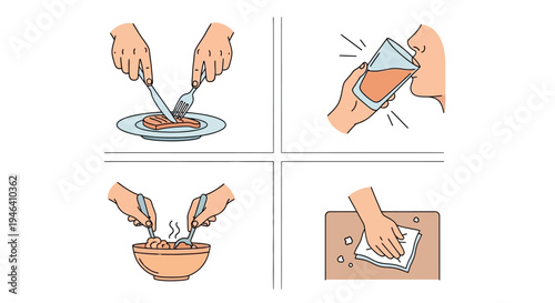 Household Chores and Food Preparation with Hands Washing Dishes, Mixing Food, Person Drinking, and Hands Wiping Table on Isolated White Background.