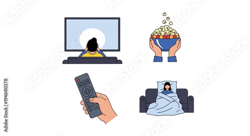 People enjoying home entertainment, person watching TV, popcorn, remote control, and person sleeping on sofa, leisure activities on isolated white background.
