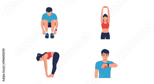 Active people exercising, man crouching, woman stretching, and person checking smartwatch, fitness and health monitoring on isolated white background.