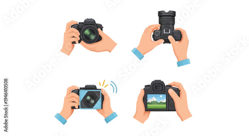 Photographer hands holding camera, adjusting lens, and taking photos, set of photographic actions on isolated white background.