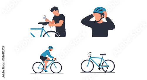 Man fixing bicycle, cyclist putting on helmet, man riding a bike and bicycle transport set on isolated white background.