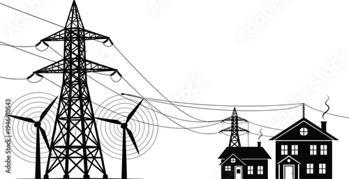 Black silhouette vector illustration of wind turbines, transmission towers, and houses showing renewable energy generation, electricity distribution, and power flow