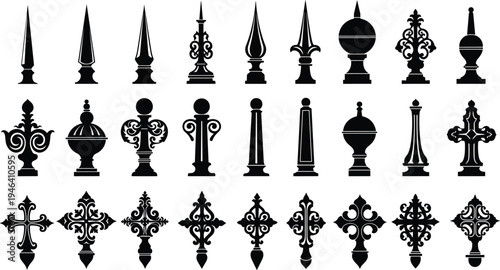 Black silhouette vector set of ornamental finials and decorative elements featuring spear, urn, scroll, fleur-de-lis, cross designs for architecture