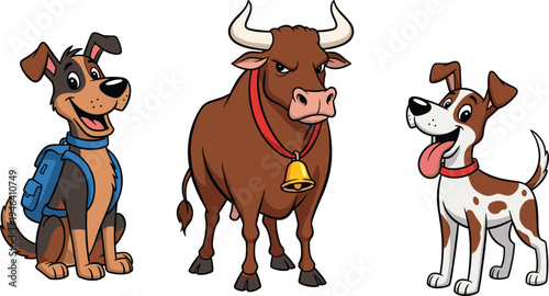 Cartoon animal vector set featuring happy dog with backpack, serious bull with collar, cheerful spotted dog for playful storybook and design illustration