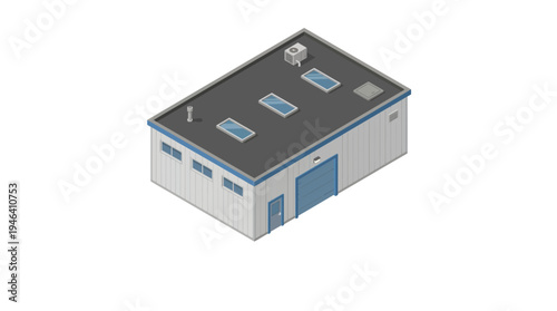 Isometric illustration of a modern industrial warehouse building with a large roll-up door and skylights on the roof