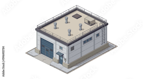 Isometric depiction of a modern industrial building with a large roll-up door, ventilation units, and a small entrance