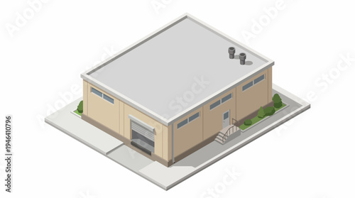 Isometric warehouse building with loading dock, security cameras, and adjacent paved lot with grass, symbolizing logistics and industrial storage