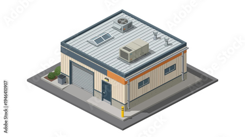 Isometric view of a small commercial building with a garage door and rooftop unit